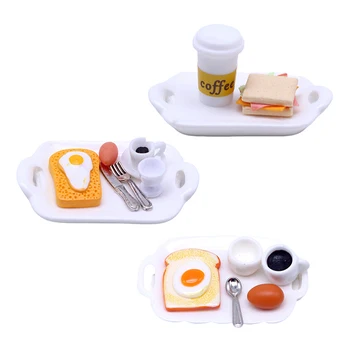 1 zestaw 1:12 Domek dla Lalek Miniaturowy Toast Chleb, Kawa, Jajko Łyżka Widelec z Talerzem Kuchnia Śniadanie Model Wystrój Zabawka