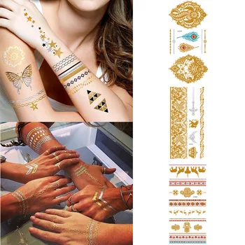 2 szt. Błyszcząca Metalowa Wodoodporna Tymczasowy Tatuaż Kolory: złoty, Srebrny, Tatuaż, Damski, Henna, Mandala, Kwiat, Koronka Tatuaż, Indyjska, Arabska Tatuaż