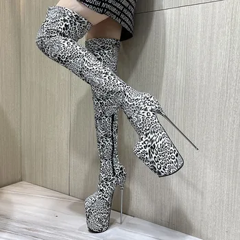 2021 r., zimowe леопардовые buty powyżej kolana na delikatnym metalowym obcasie 19 cm, pikantny buty damskie ze sztucznej skóry, damskie buty na platformie, Duże Rozmiary 50