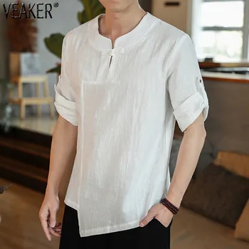 2022 Nowe męskie Casual męskie, t-Shirty, Męskie Letnia Koszulka w jednolitym kolorze z dekoltem w chińskim stylu, vintage, białe Bluzki M-5XL