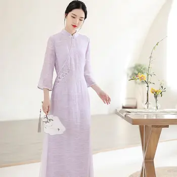 2023 jesień nowy styl chiński tradycyjny Pokój długa spódnica ципао sukienka damska vintage cheongsam fioletowy szyfon Wietnam ao dai