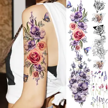 3D Akwarela Lilia, Róża Kwiat Motyl Tymczasowe Tatuaże Dla Kobiet Dorosłych Geometria Lawenda Fałszywy Tatuaż Ręka Zmywalny Tatuaż