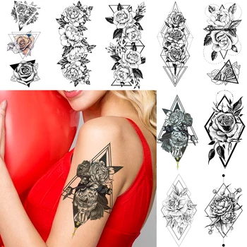 Fajna Geometryczne Trójkątne Tatuaż W Kształcie Kwiatka Na Ręku, Tymczasowy Tatuaż W Kształcie Róży, Kwiat Tatuaż, Naklejki Dla Kobiet, Body-art, Fałszywy Tatuaż Na Tylnej Nodze