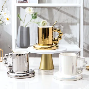 Kolory: Złoty, Srebrny 320 ml Filiżanka i Spodek Porcelanowa Kreatywny Gwiaździsta Filiżanka Spodek Nordic Ceramiczna Filiżanka Kubek Zestaw Ślubny Prezent urodzinowy