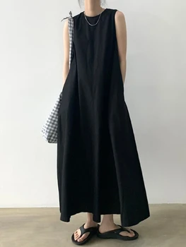 Koreańskie Wspaniały Letni minimalistyczne sukienka z Okrągłym dekoltem, Luźna spódnica z dużymi Wahaniami, Wysoka i Szczupła, Długa suknia-kamizelka Bez Rękawów