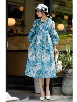 krawiec sklep na zamówienie duża niebieska sukienka z kwiatowym wzorem plus rozmiar brokatowy sukienka w stylu vintage Klasyczna sukienka płaszcz chryzantemy
