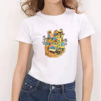 Letnia Koszulka Z Krótkim Rękawem, T-Shirt Damski Z Nadrukiem Budowlanych Domów, Estetyczna T-Shirt, Graficzny T-Shirt, Odzież Damska, Biały T-Shirt Oversize