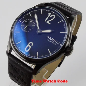 Męski zegarek on taras 44 mm kolor czarny z ręcznym rośliną, mechanizm 6497 z PVD, świecące czarny skórzany pasek z klamrą, wskazówka sekundowa