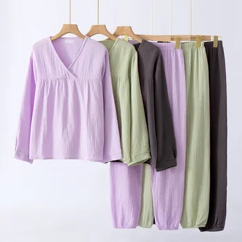 Nowa wiosenno-jesienna damska piżama, spodnie z długimi rękawami, zestaw z dwóch przedmiotów, w 100% bawełniana крепированная piżama z V-neck, zestaw domowej ubrania, piżamy