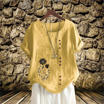 Popularny darmowy Lniana Moda Casual Shirt z krótkim rękawem i Nadrukiem, t-Shirt z okrągłym dekoltem do Lady, Kobieta Letni top XS-5XL