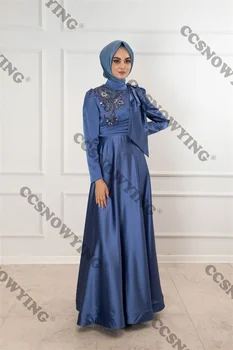 Satynowe Sukienki z Długim Rękawem i Aplikacją, Muzułmańskie z Kieszeniami, Islamski Hidżab, Oficjalne Wieczór, Arabski Dubai Szlafrok De Soiree