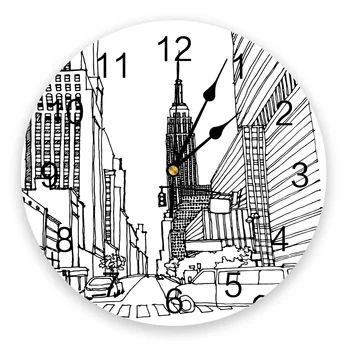 Ulica Samochodowa Budynek Empire State Building Zegar Ścienny Ciche Domowe Kawiarni Biurowe, Ścienne Dekoracyjne Zegar do Kuchni Duże Zegary Ścienne
