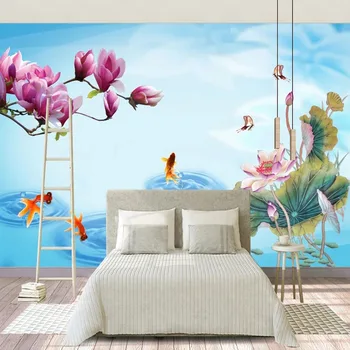 Wykonany Na Zamówienie 3D Chiński Styl Nowoczesny, Minimalistyczny Kwiat Magnolii Ryba Lotosu Fresk Na Ścianie Tapety Papel De Parede Home Decor Tapety