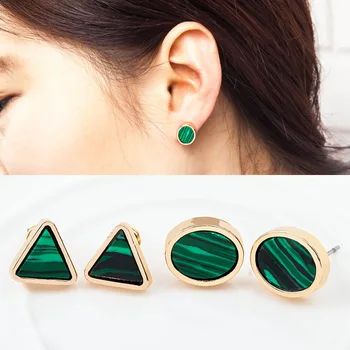 Zielone Paski Nawiasy Trójkątne, Owalne Kamienne Małe Złote Geometryczne Kolczyki dla Kobiet