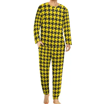 Żółto-Czarna Koszula W Kratę Męska Vintage Elegancka Piżama Z Nadrukiem, Jesienna Piżama Z Długim Rękawem, 2 przedmiotu, od piżamy Komplety Z Wzorem Do Sypialni
